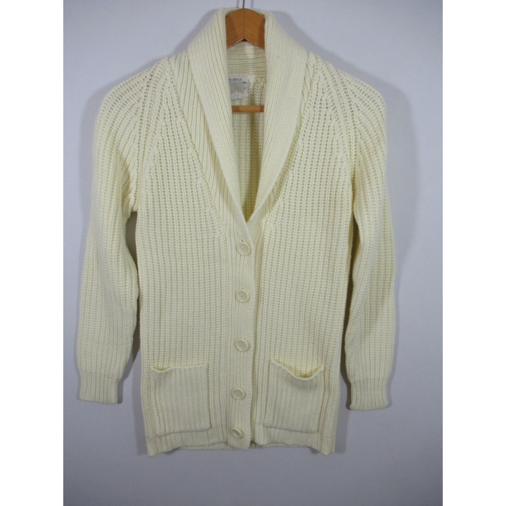 Vintage 70s 80s Sears Button Up Cardigan Sweater Women Small Ivory Pockets